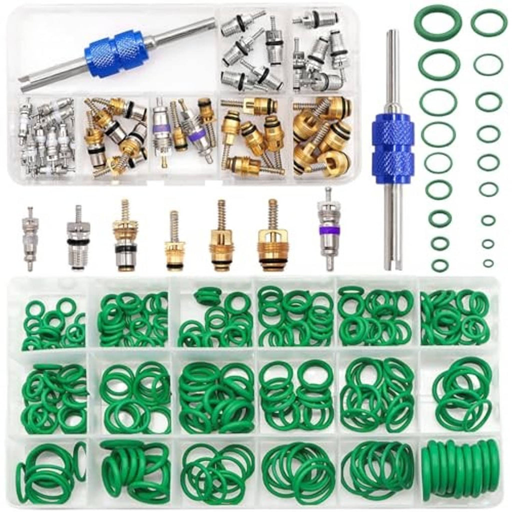 Automotive A/C repair kit with O-ring seals, valve cores, and insertion tool