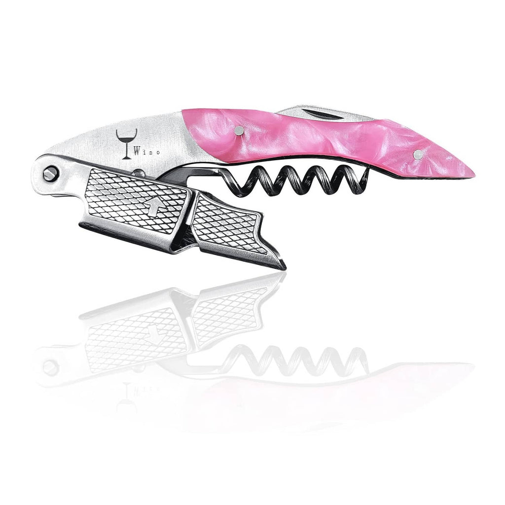Pink rose handheld wine corkscrew with metal lever and textured grip