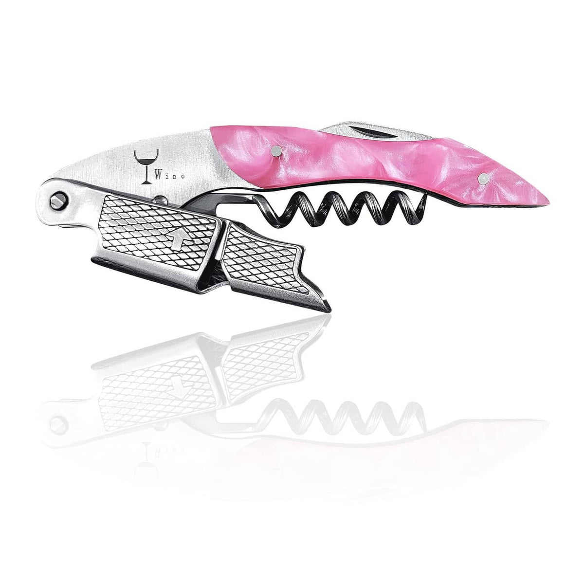 Pink rose handheld wine corkscrew with metal lever and textured grip