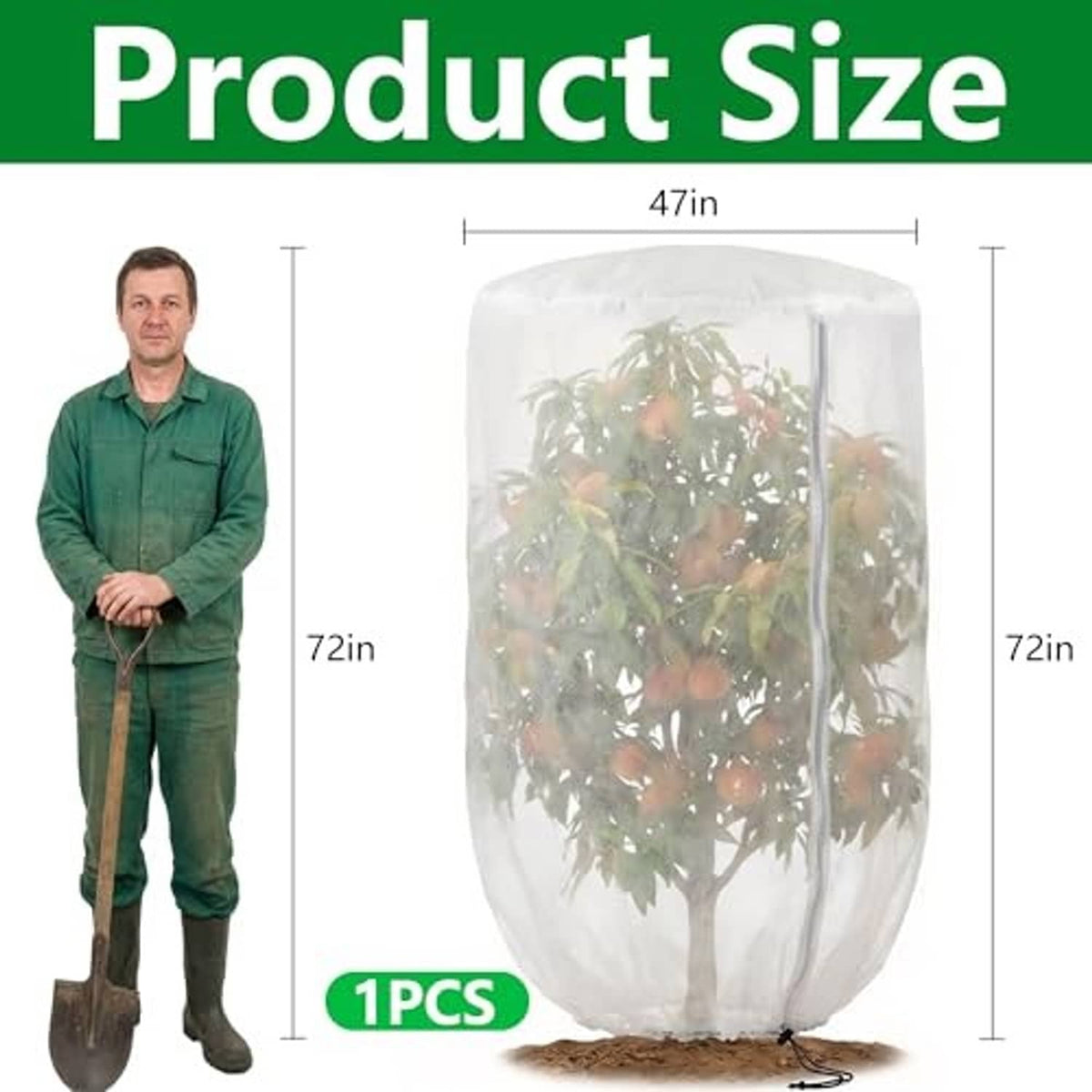 72 x 47 in plant shade cover bag with rounded top, zipper front, and drawstring base