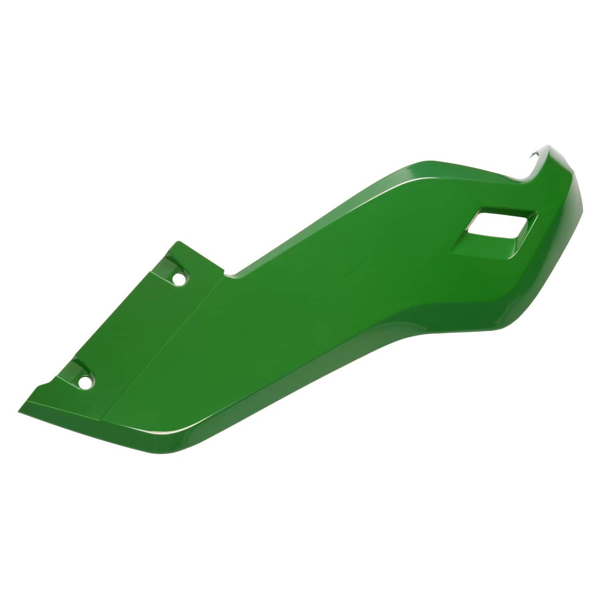 Green RH mower deck side panel with mounting holes and a rectangular vent cutout