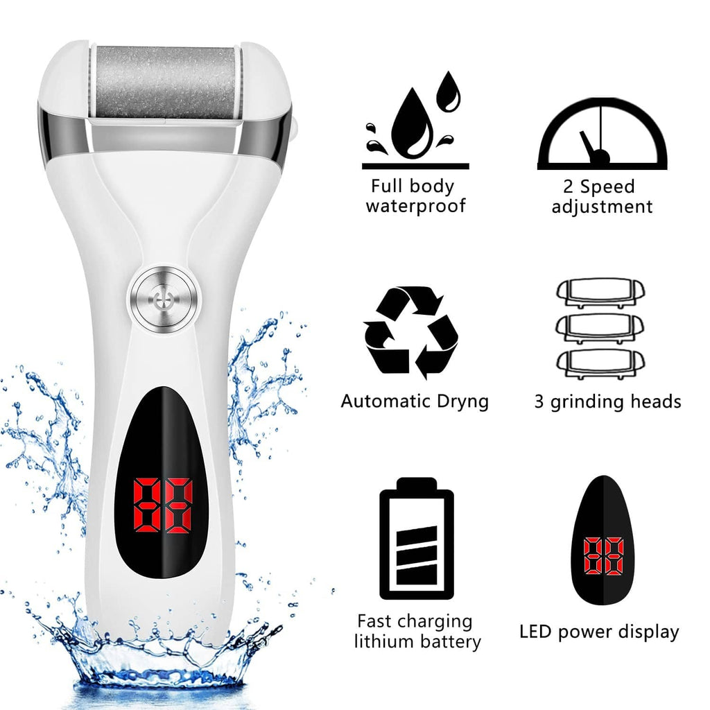 White rechargeable foot callus remover with LED display and multiple grinding head rollers