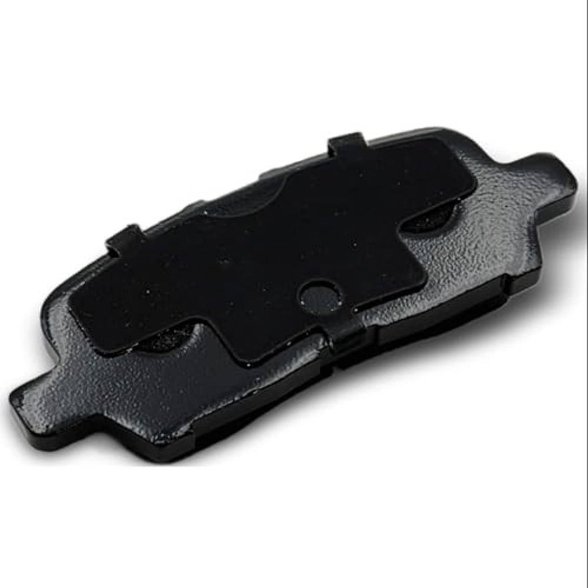 Ceramic brake pad backing plate, black metal with textured finish and central hole.