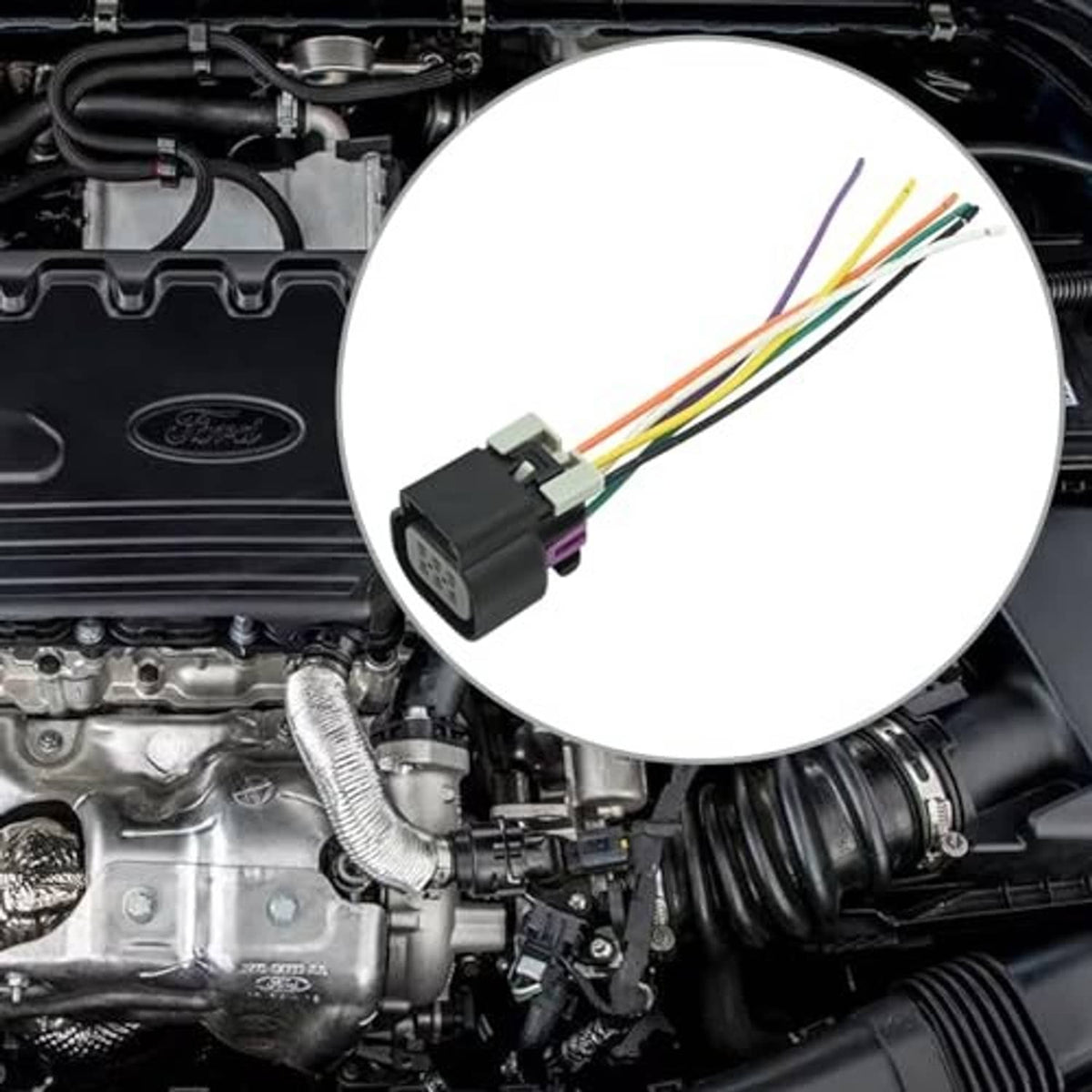 Throttle body connector with multicolor leads and black 6-pin plug displayed on engine