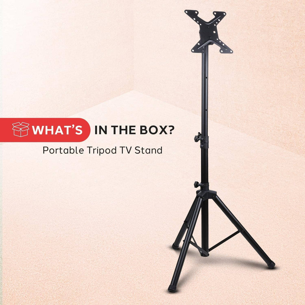 Portable tripod TV stand with VESA mounting plate and deployed folding legs, black