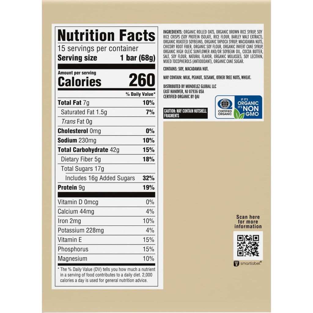 Nutrition Facts panel for CLIF BAR Value Pack, 260 calories per 1 bar (68g)