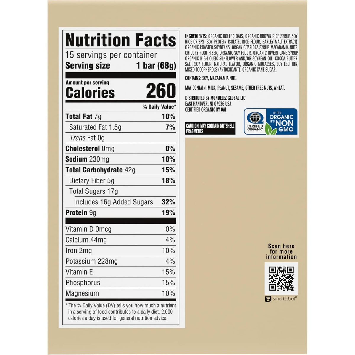 Nutrition Facts panel for CLIF BAR Value Pack, 260 calories per 1 bar (68g)