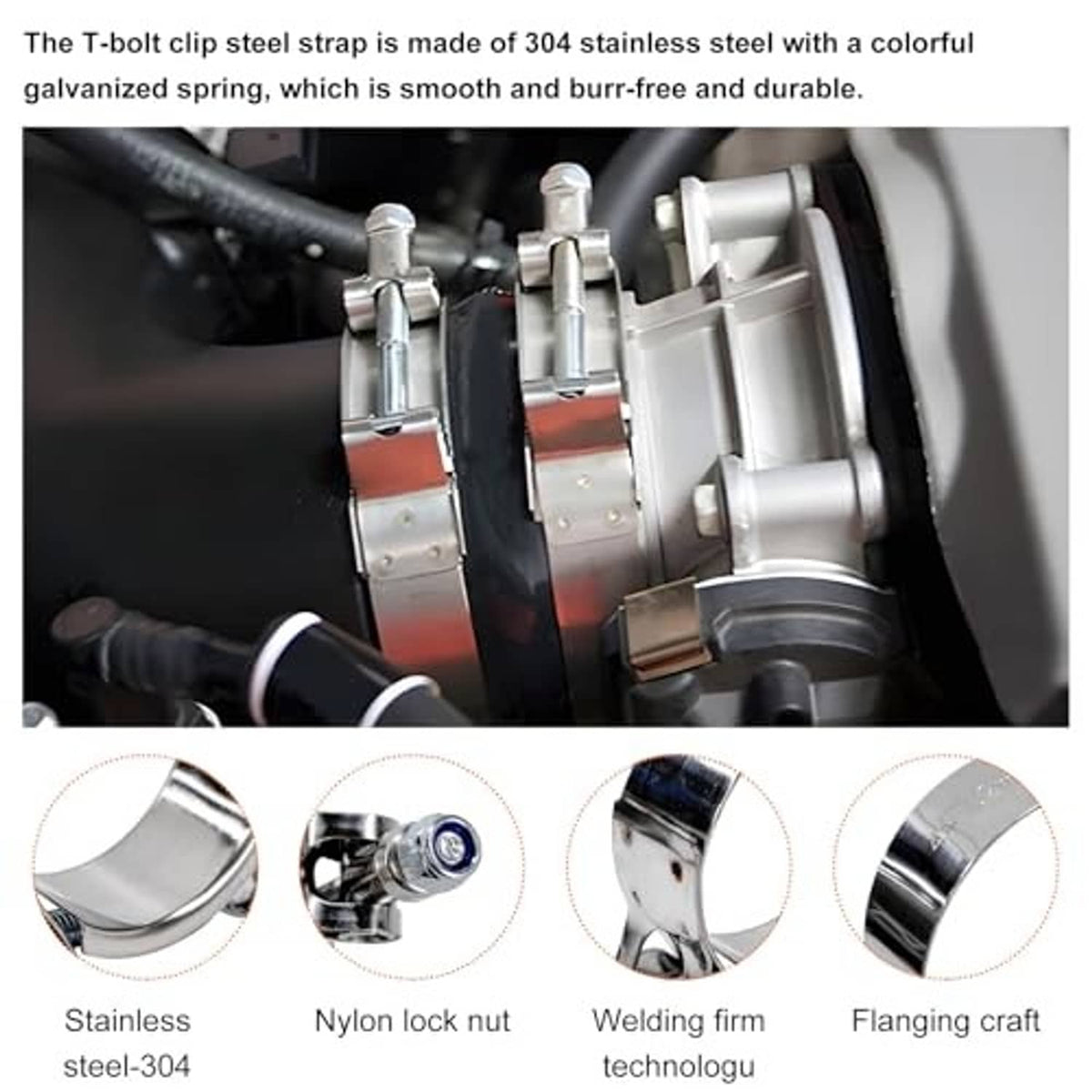 T-bolt hose clamps on engine tubing, stainless strap and bolt hardware