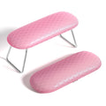 Pink nail arm rest cushion with quilted microfiber surface and chrome metal stand