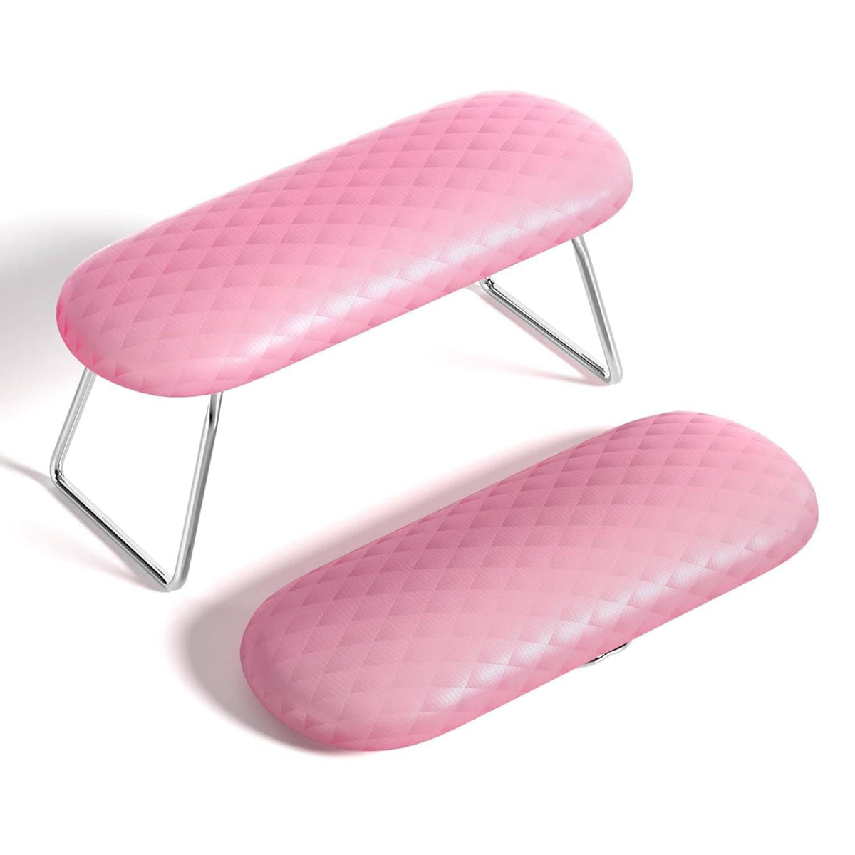 Pink nail arm rest cushion with quilted microfiber surface and chrome metal stand