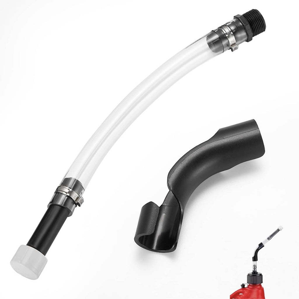 Fuel filler hose replacement with clear tube, black nozzle, threaded cap and spout