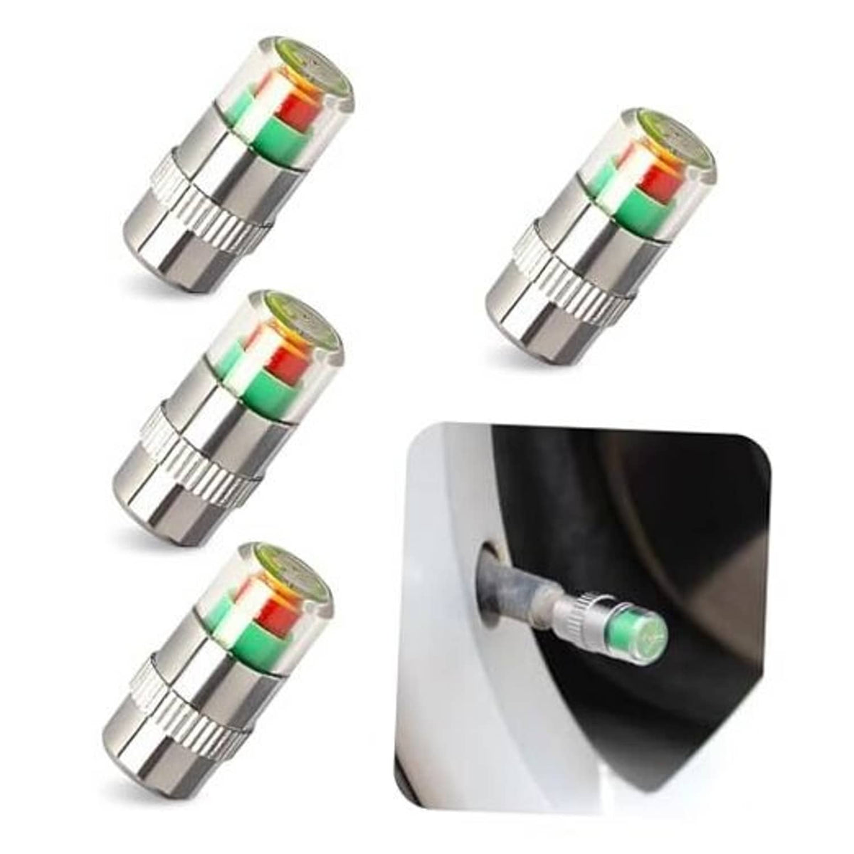 Set of four silver car tire valve stem caps with green red color indicator rings