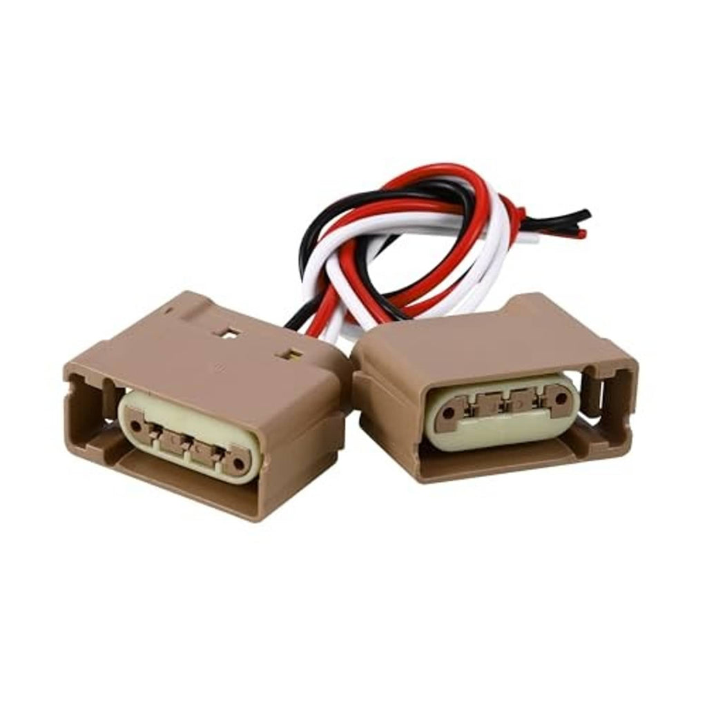 Pair of brown turn-signal pigtail connectors with red/black/white wires, angled view