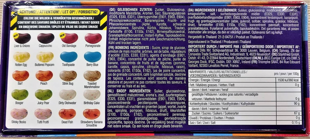 Back of Jelly Belly Bean Boozled jelly bean box with ingredient and warning text
