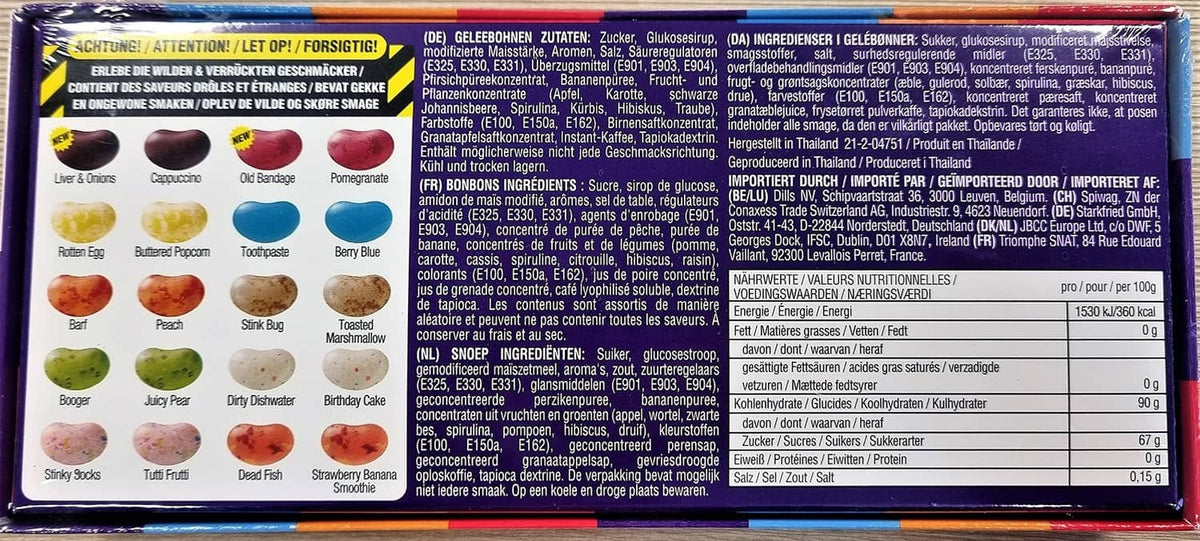 Back of Jelly Belly Bean Boozled jelly bean box with ingredient and warning text