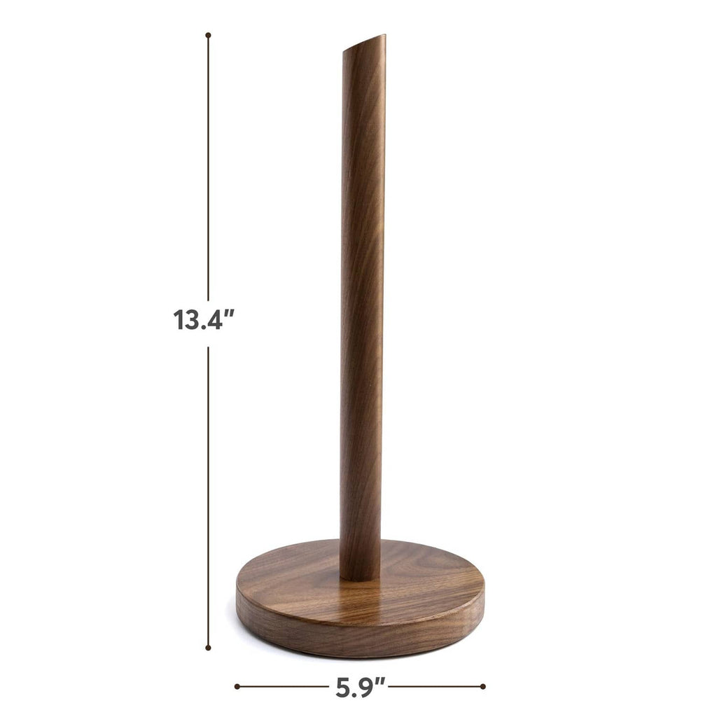 Dark walnut paper towel holder with tall pole and round base; includes roll