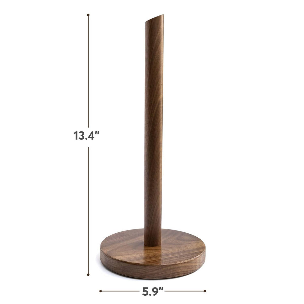 Dark walnut paper towel holder with tall pole and round base; includes roll