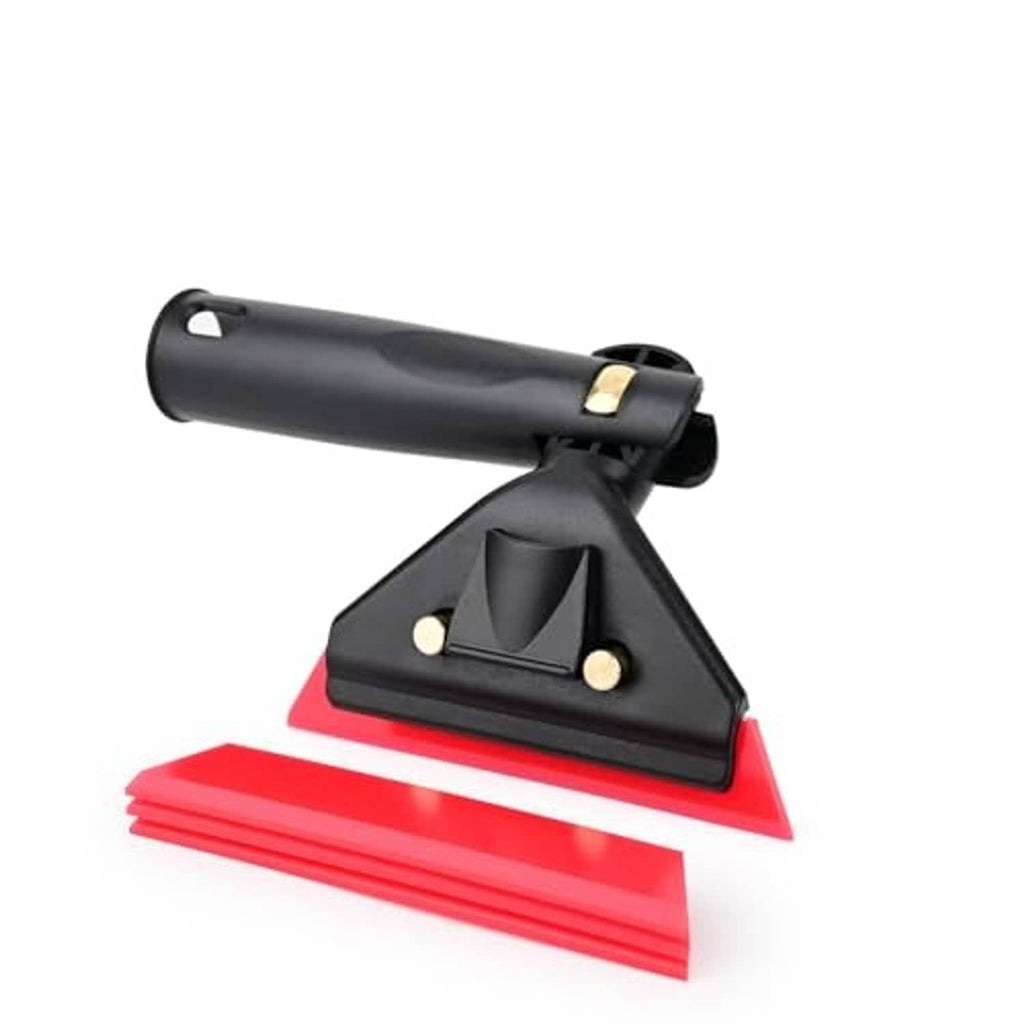 Small window squeegee with long black handle, pivoting base, and red rubber blade