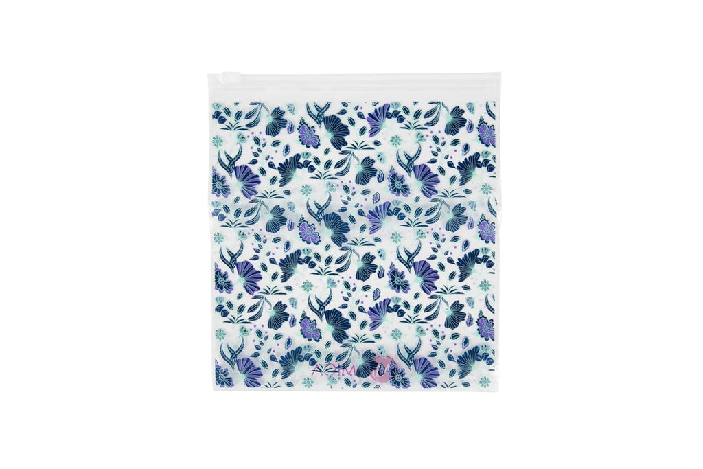 Resealable toiletry bag with blue floral pattern, zip-seal top