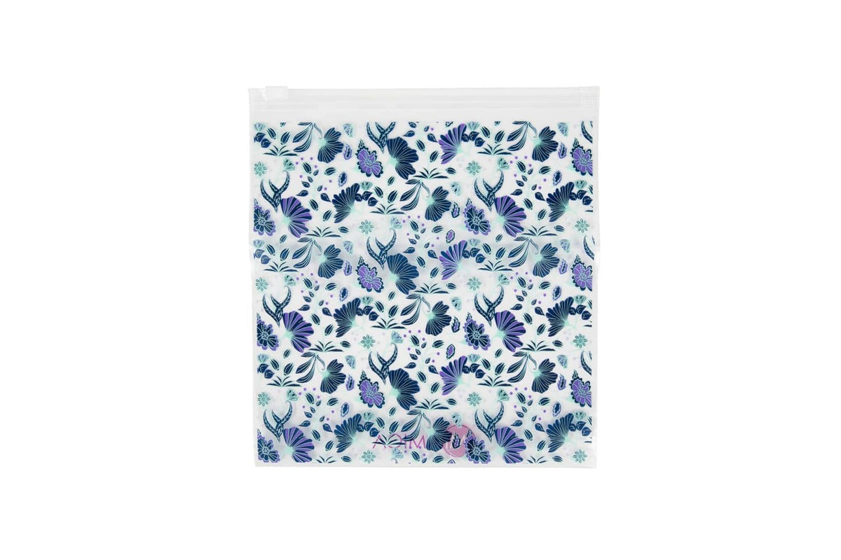 Resealable toiletry bag with blue floral pattern, zip-seal top