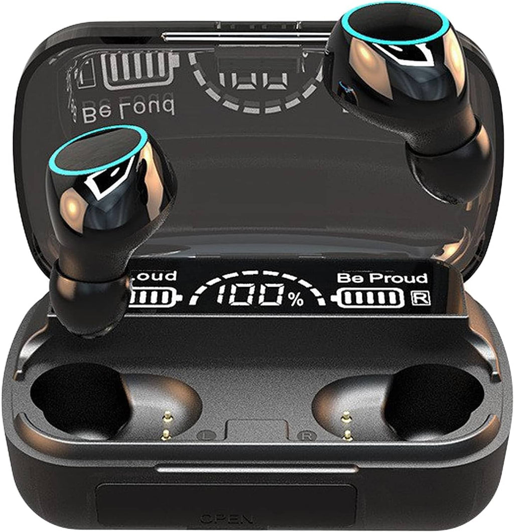 Black wireless earbuds in charging case, LED ring accent