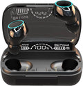 Black wireless earbuds in charging case, LED ring accent