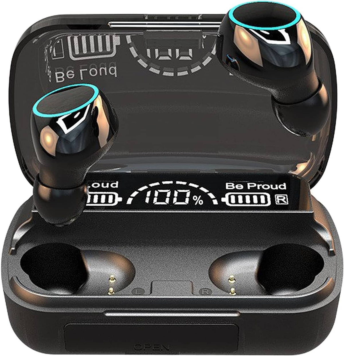 Black wireless earbuds in charging case, LED ring accent