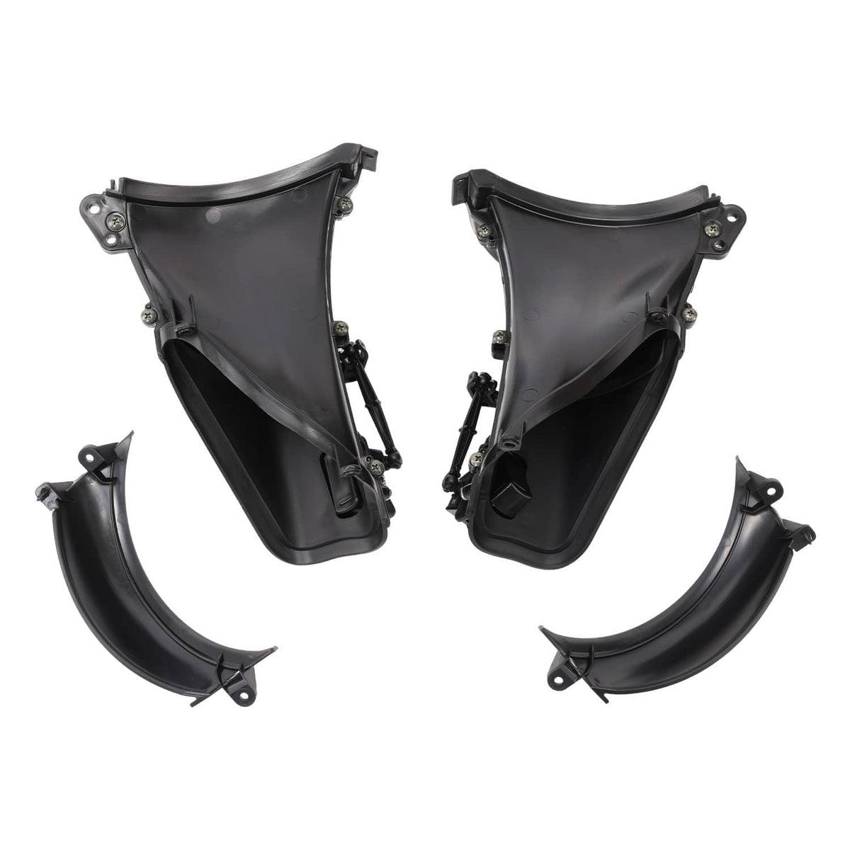 Set of black fairing air duct covers with curved outer guards and mounting tabs