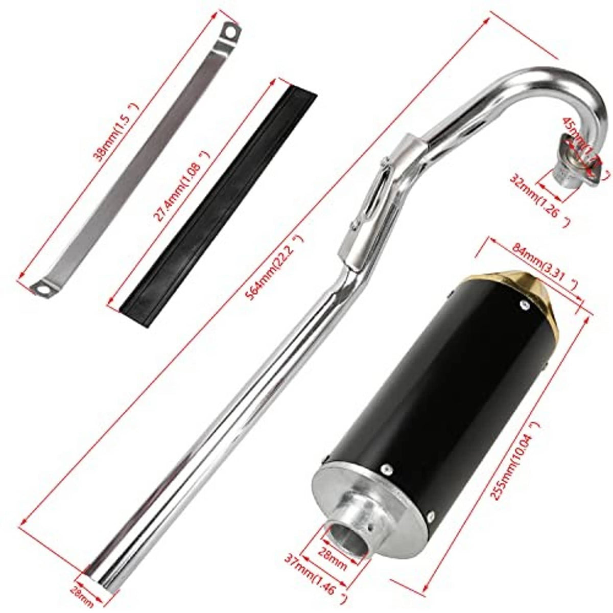 Exhaust muffler silencer assembly kit with black muffler, chrome pipe, and mounting hardware