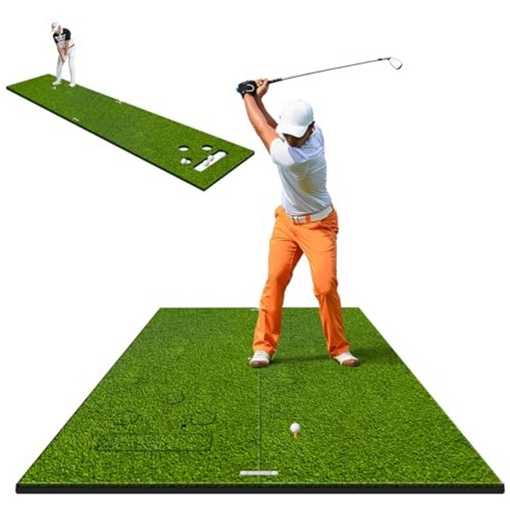 Green golf hitting turf mat with ball, black border, large practice area view