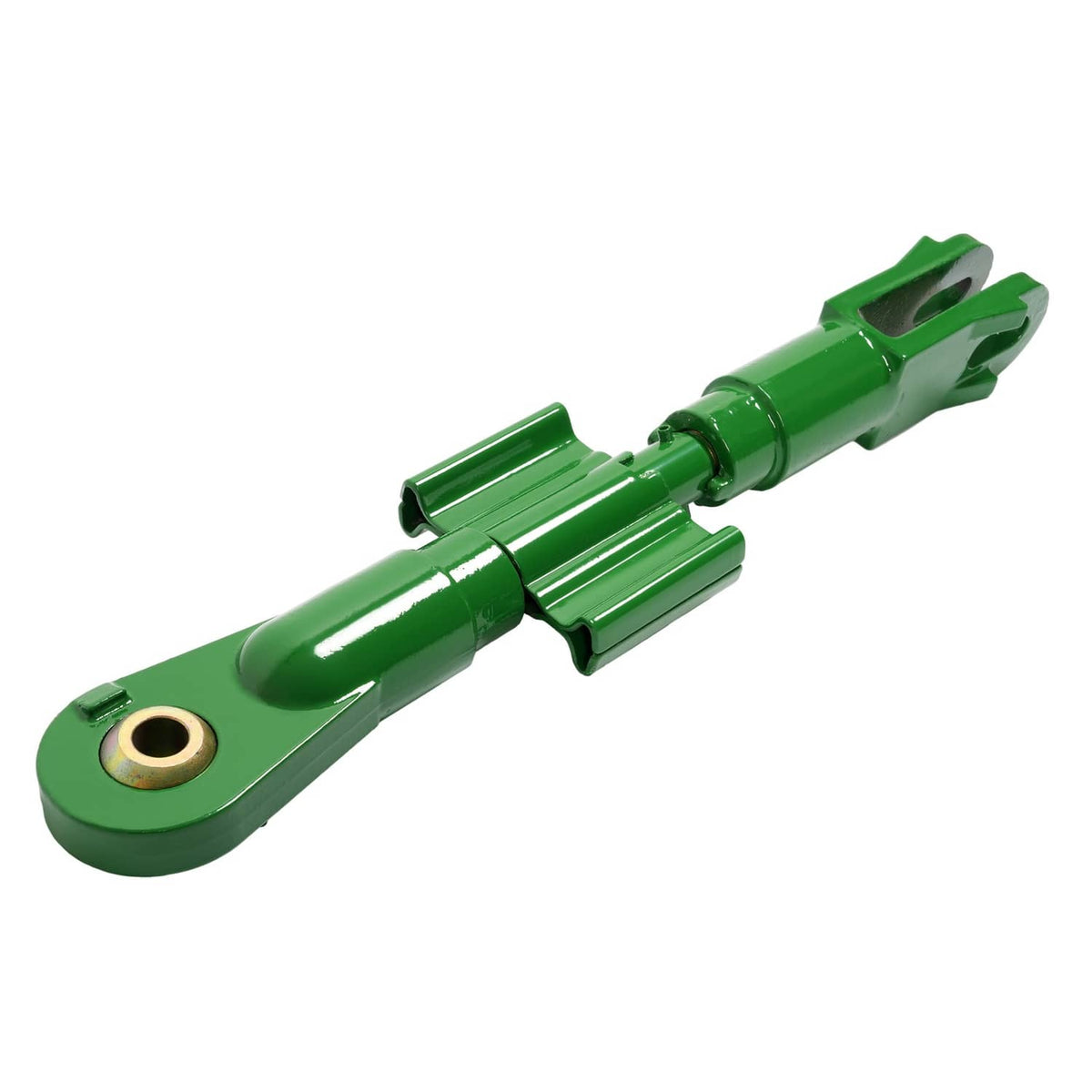 Green 3-point lift link bar with mounting yoke and circular pin hole