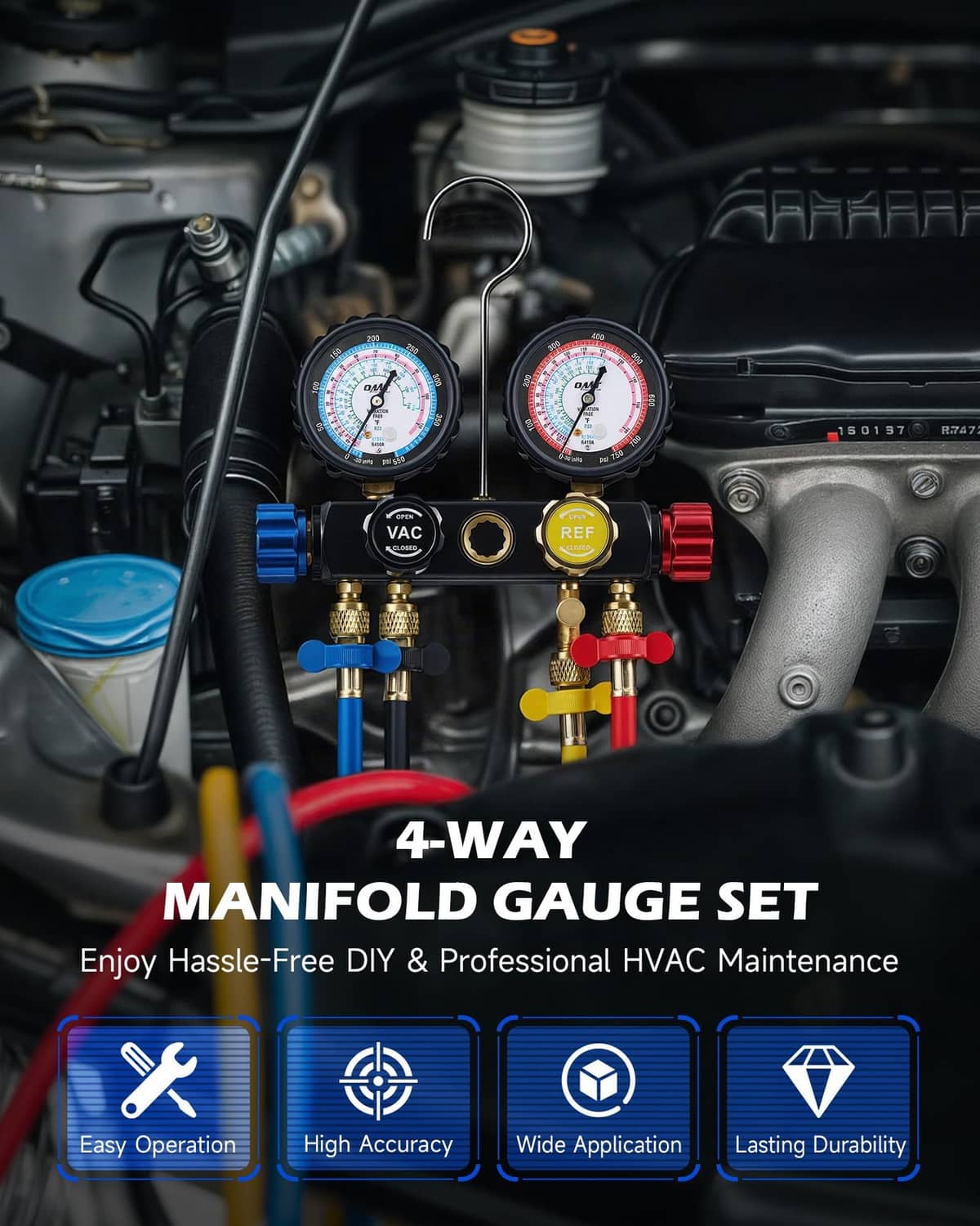 4-way AC manifold gauge set with VAC and REF dials, brass fittings, and color hoses