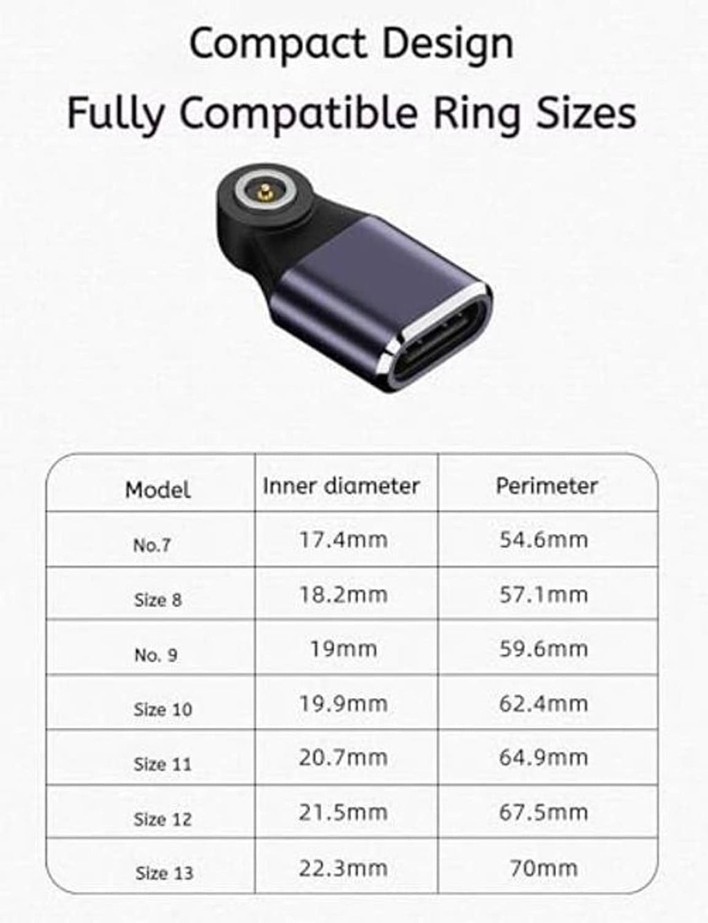 Compact magnetic charging adapter with USB-C female connector and ring size chart