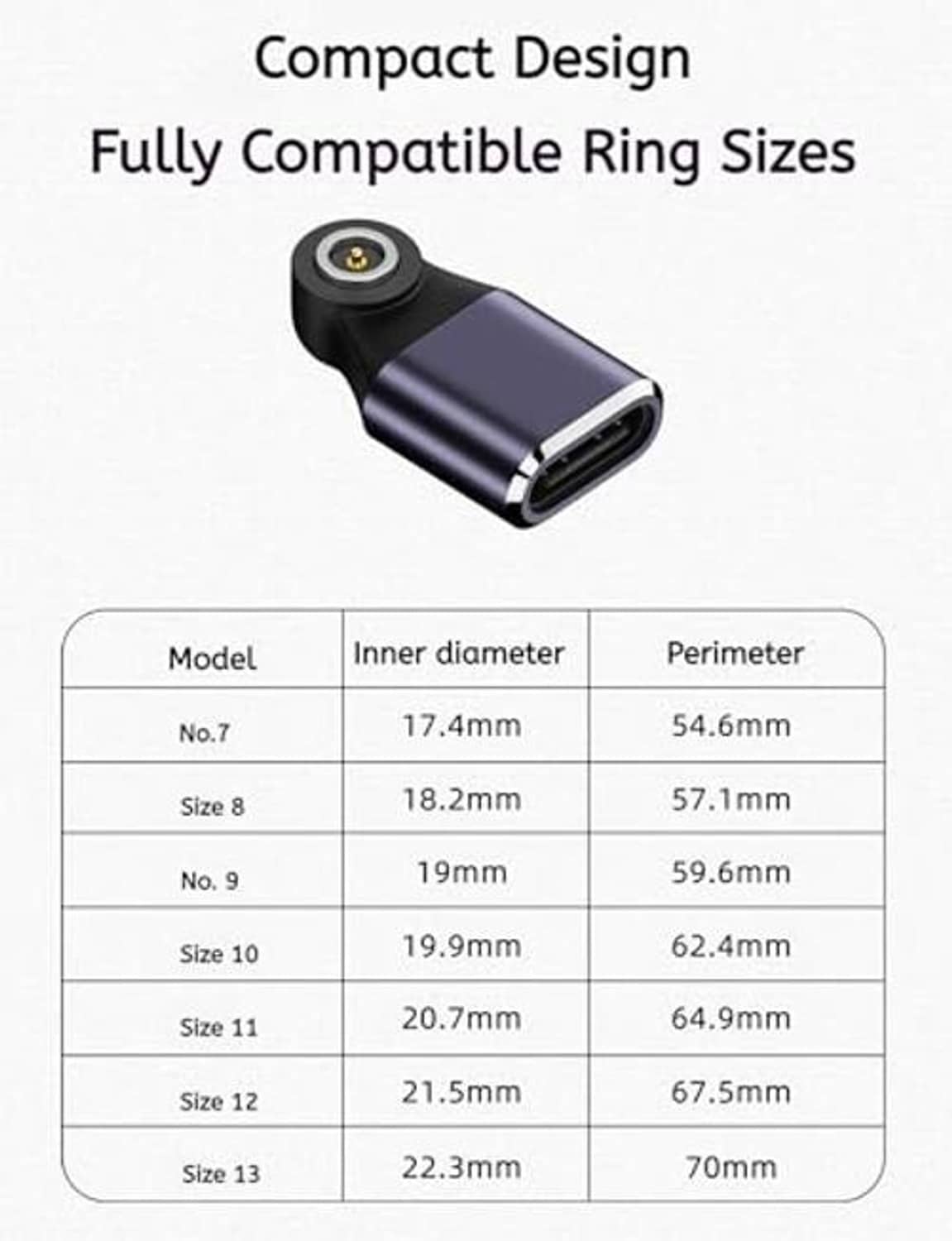 Compact magnetic charging adapter with USB-C female connector and ring size chart