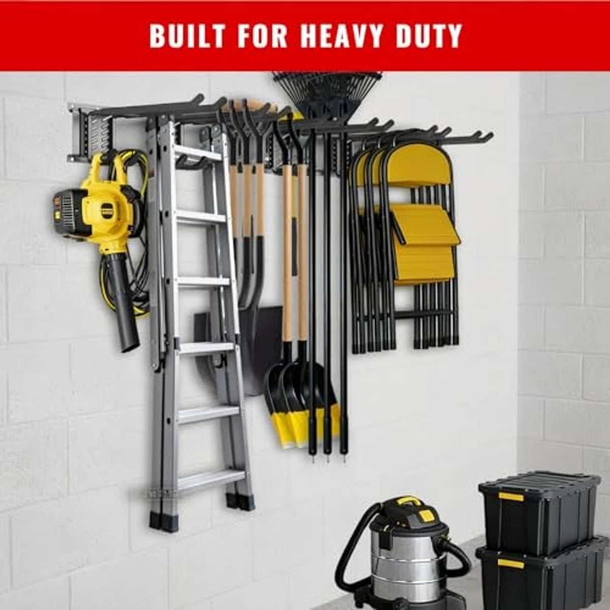 Heavy-duty wall-mounted garage tool organizer with hooks, shelves, and mounted accessories
