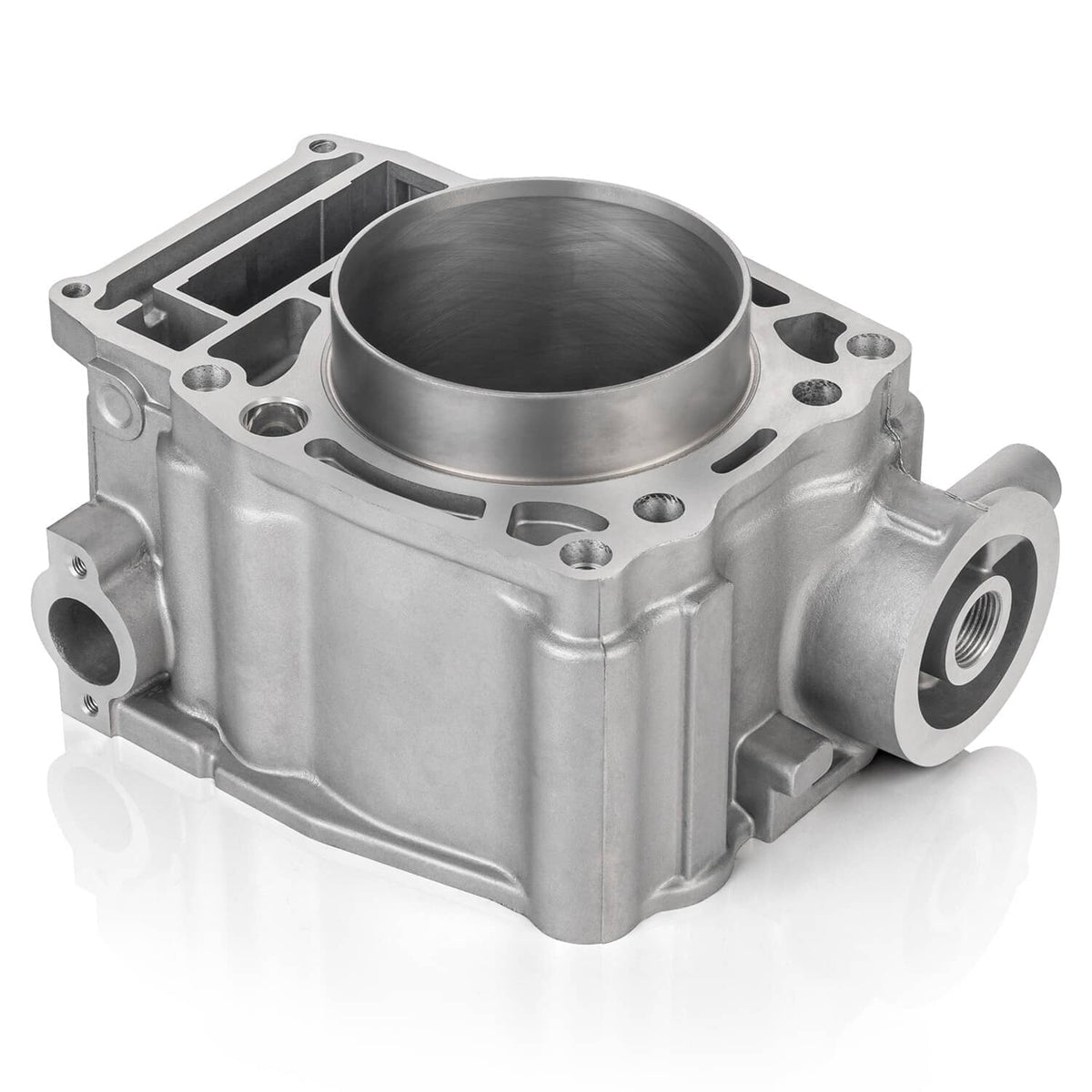 Silver cylinder barrel with circular piston bore and coolant passage openings