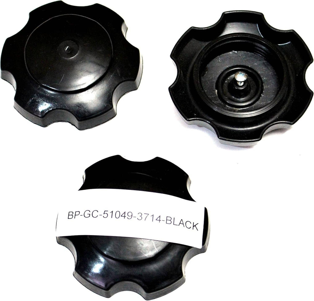Black fuel cap set shown top, underside, and gasket; central screw and star grip