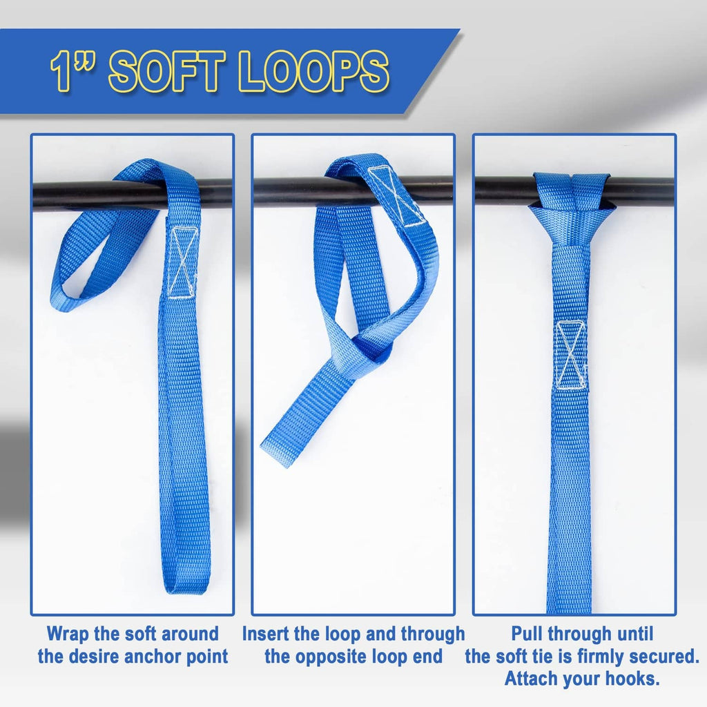 Blue soft-loop tie-down strap with 1 in soft loops and reinforced center stitching