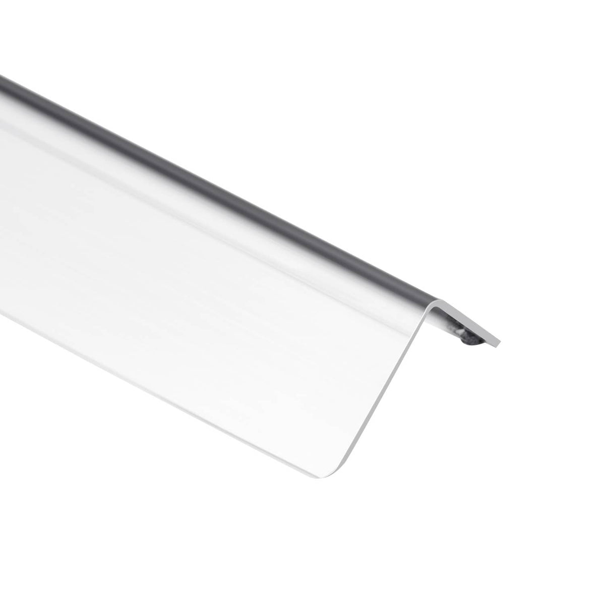 Close-up of brushed stainless steel corner guard edge and underside channel