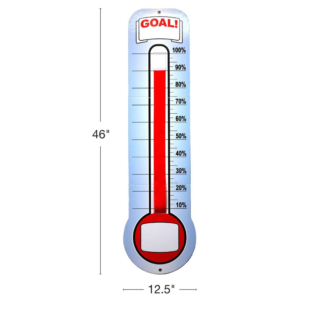 Goal thermometer chart, red indicator; approx 46 in tall