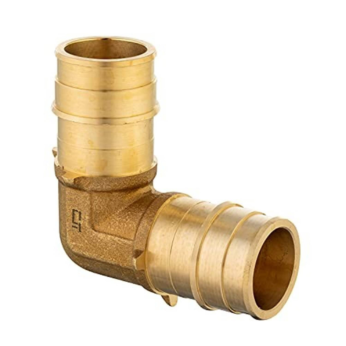 Brass PEX expansion elbow fitting, 1 in x 1 in, curved body with ringed ends