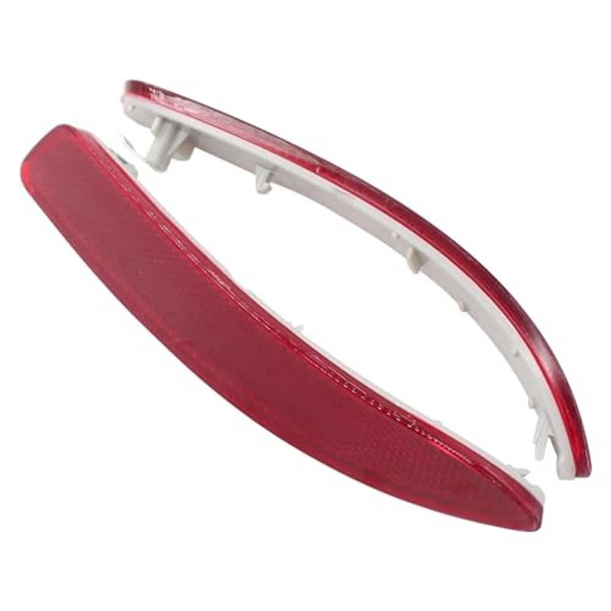Side profile of red rear bumper reflector marker trim with white clips