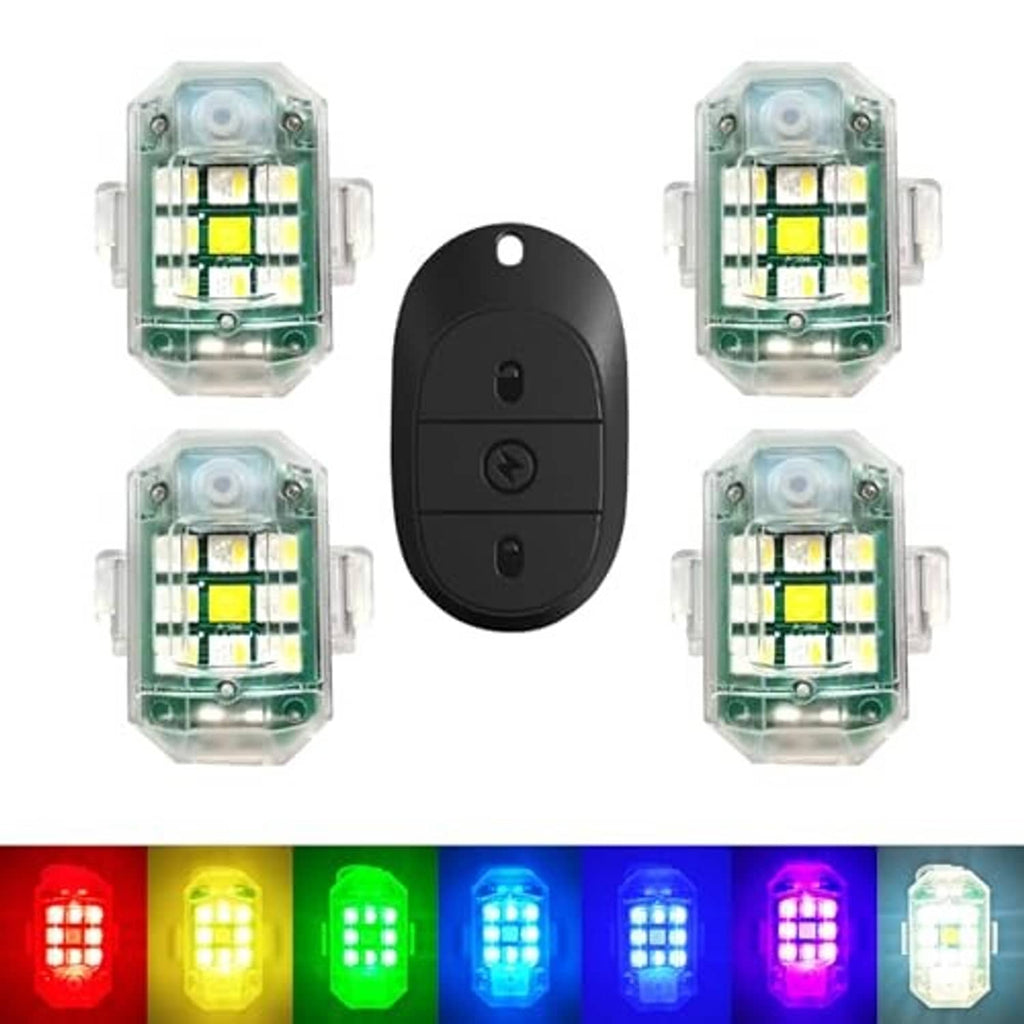 RGB LED strobe light kit with four clear units and black remote controller
