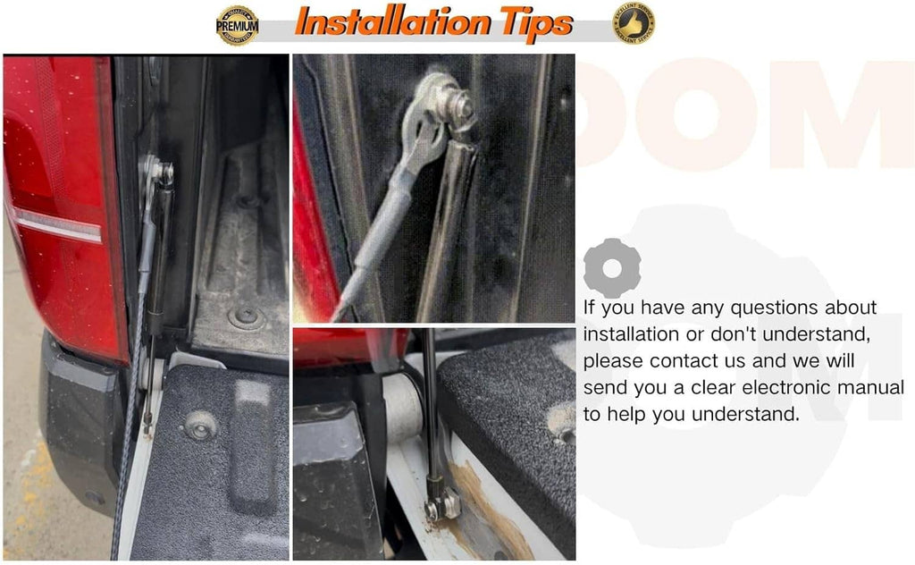 Tailgate assist shock installation photos showing mounting area and linkage