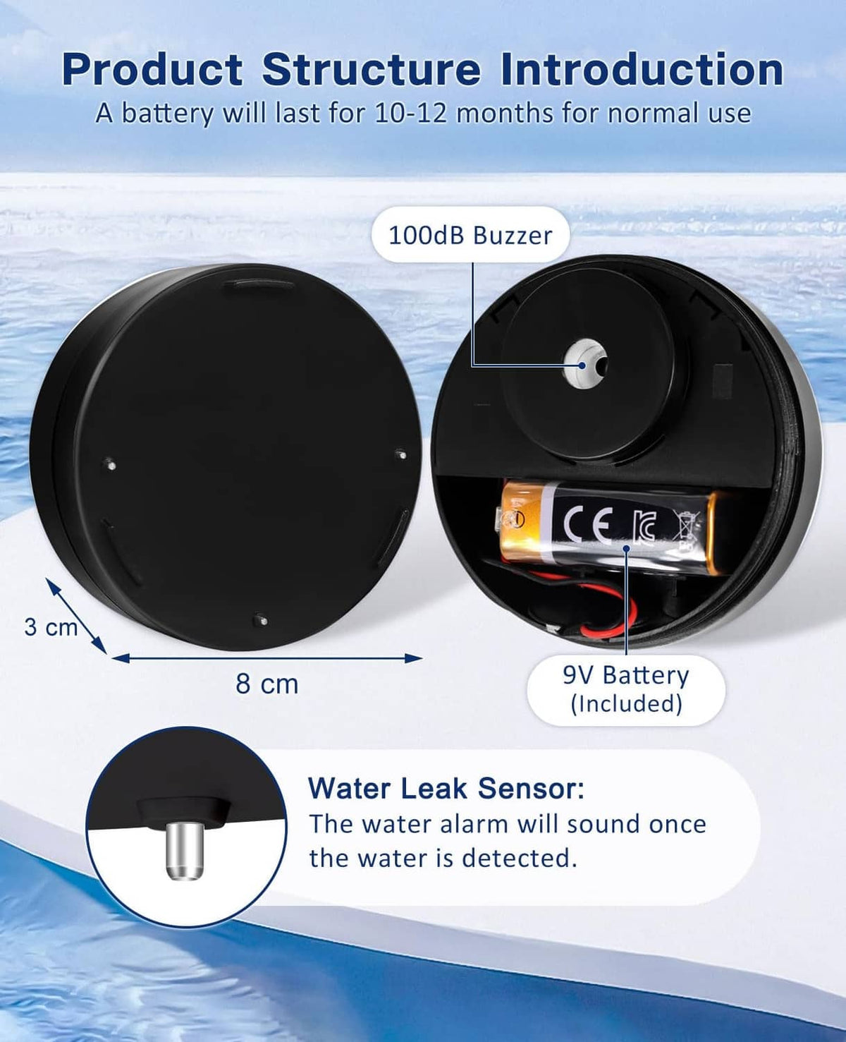 Geevon black round water leak detector alarm with sensor probe and 9V battery