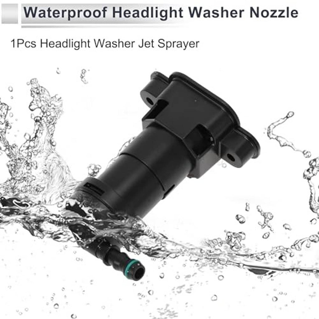 Headlight washer nozzle with green inlet, surrounded by water spray droplets