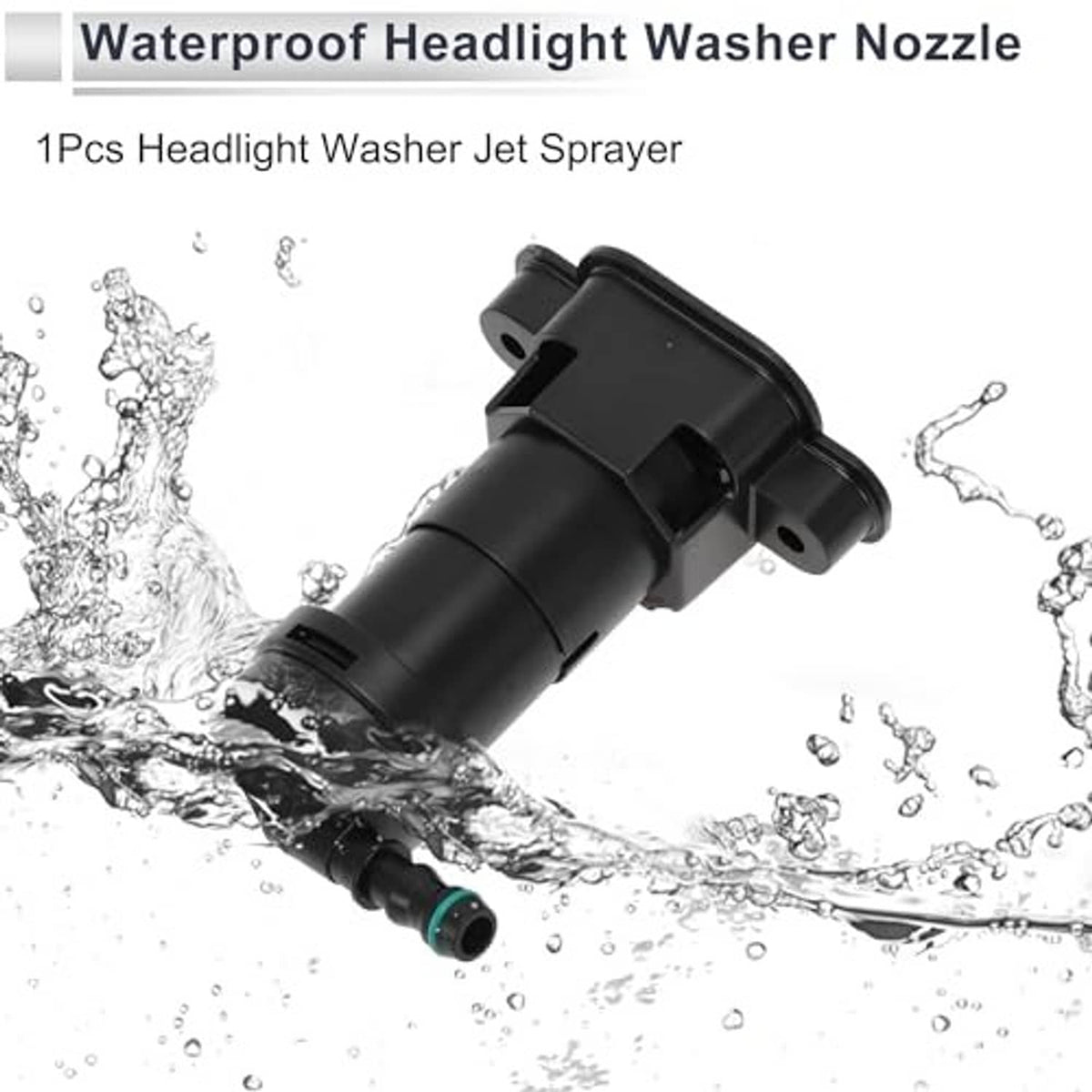 Headlight washer nozzle with green inlet, surrounded by water spray droplets