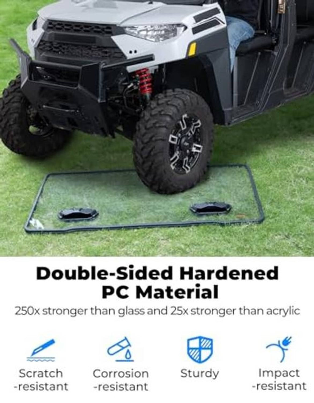 Double-sided hardened PC vented UTV windshield with scratch-resistant material panel