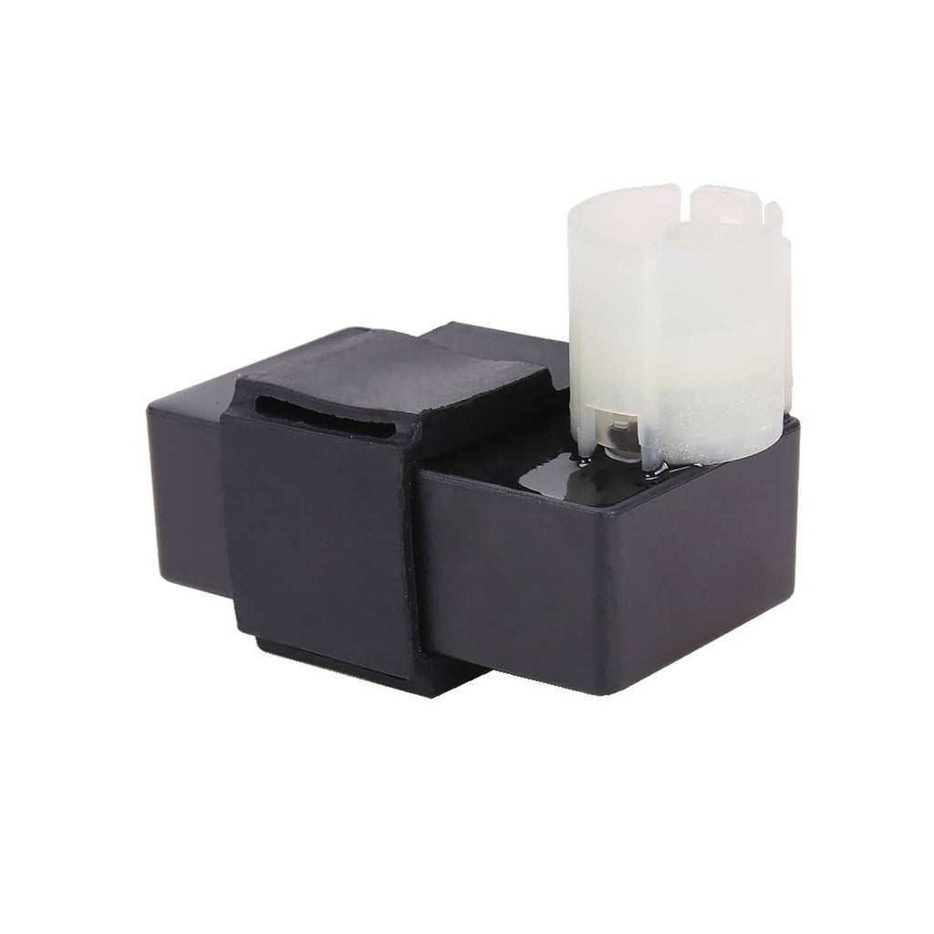 CDI box with white cylinder terminals and black casing, close side angle