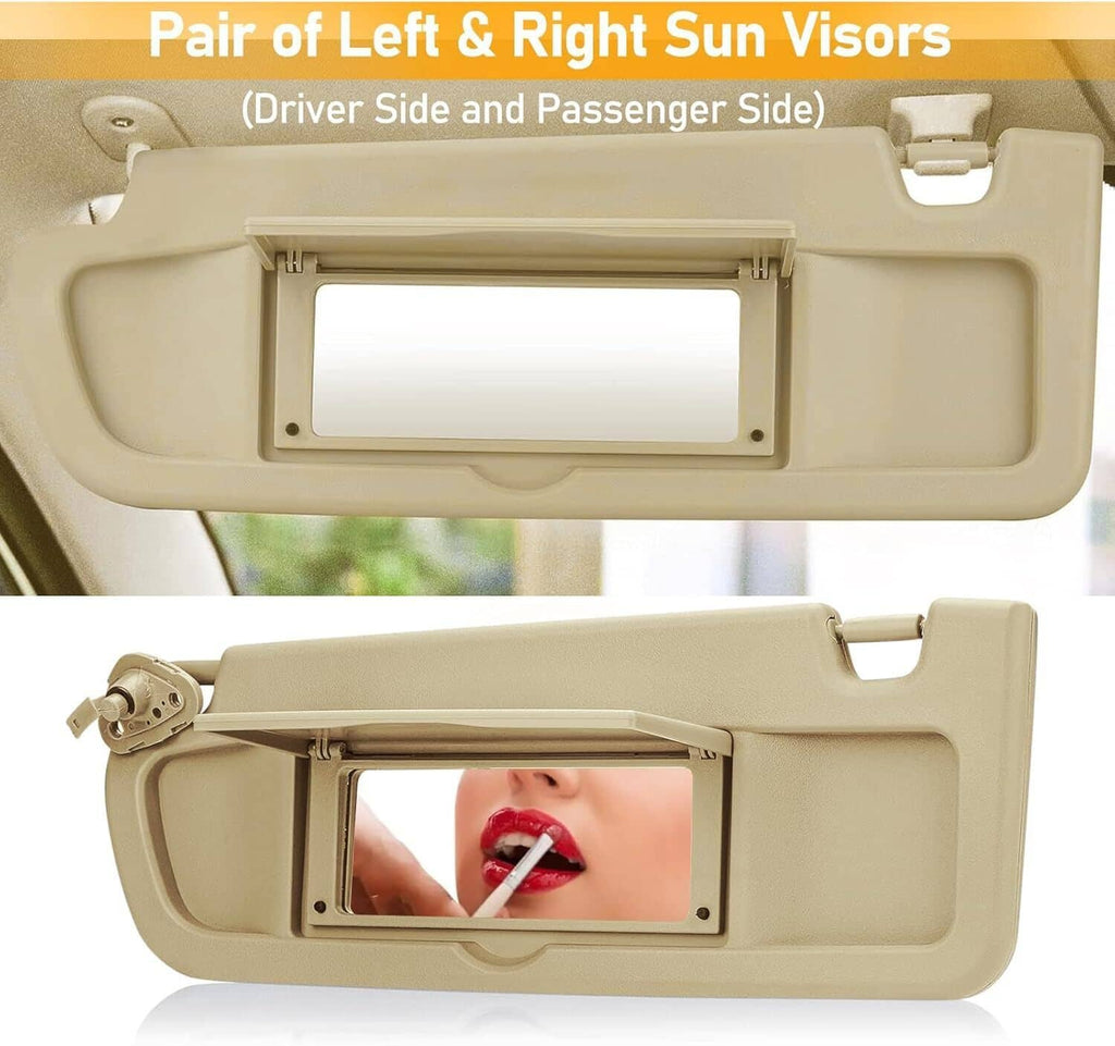 Pair of beige left and right sun visors with vanity mirror cutout